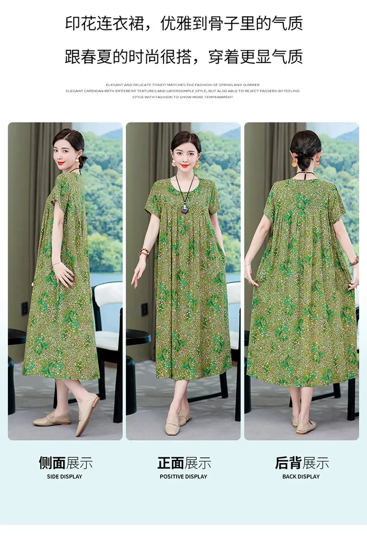 2023 New High-End Floral Cotton Silk Dress Women Summer Elegant Mother Belly Cover Plus Size — feature 2