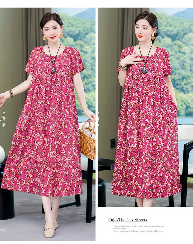 2023 New High-End Floral Cotton Silk Dress Women Summer Elegant Mother Belly Cover Plus Size — feature 20