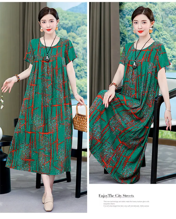 2023 New High-End Floral Cotton Silk Dress Women Summer Elegant Mother Belly Cover Plus Size — feature 21