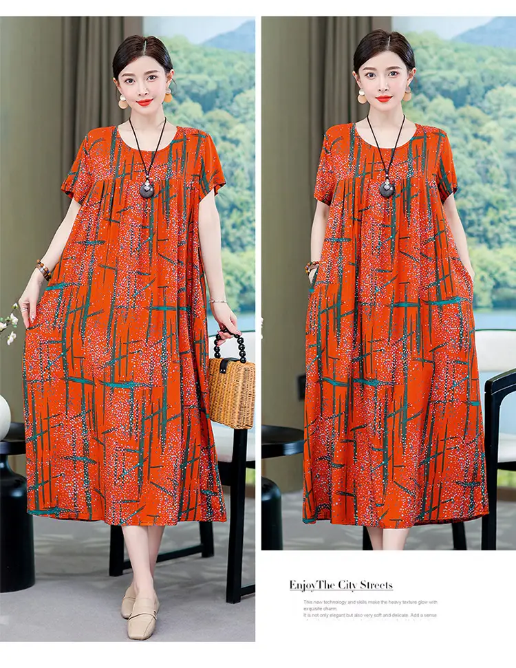 2023 New High-End Floral Cotton Silk Dress Women Summer Elegant Mother Belly Cover Plus Size — feature 22