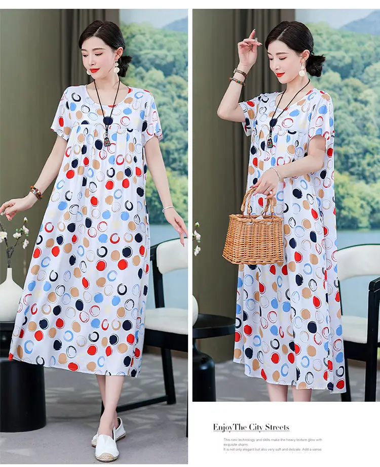 2023 New High-End Floral Cotton Silk Dress Women Summer Elegant Mother Belly Cover Plus Size — feature 23