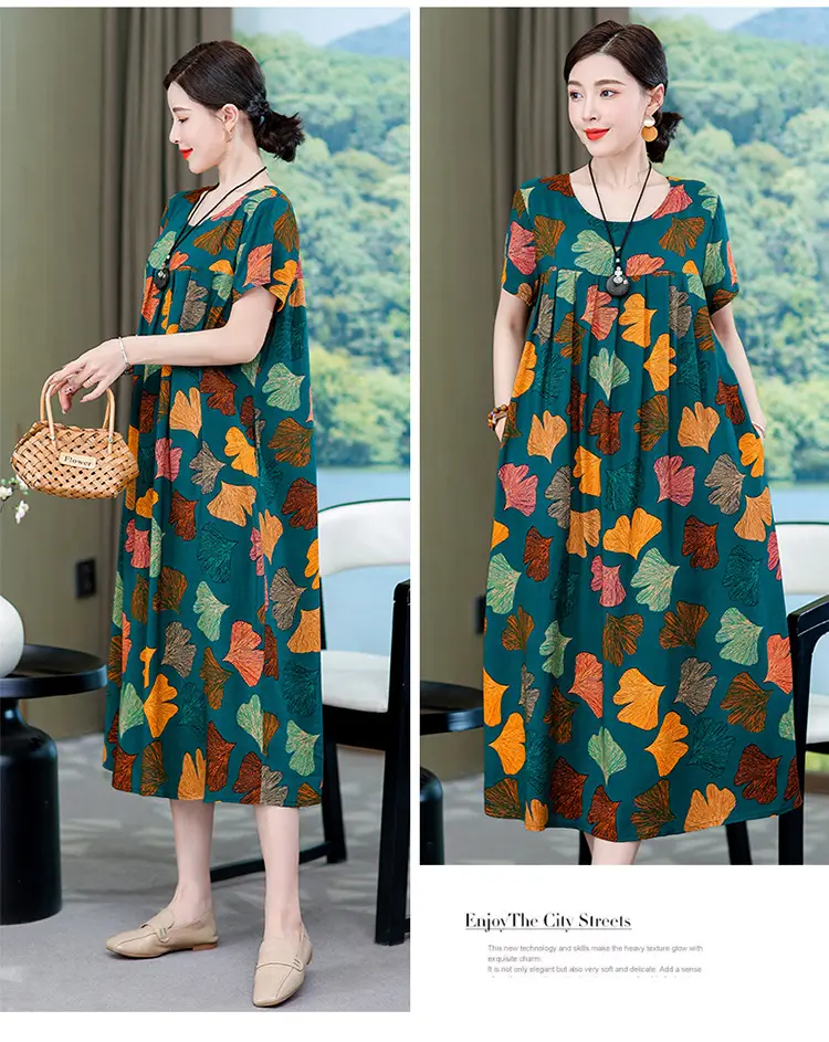 2023 New High-End Floral Cotton Silk Dress Women Summer Elegant Mother Belly Cover Plus Size — feature 24