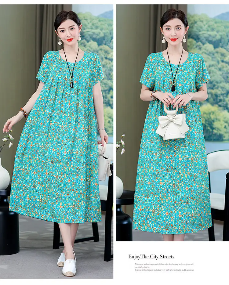 2023 New High-End Floral Cotton Silk Dress Women Summer Elegant Mother Belly Cover Plus Size — feature 25