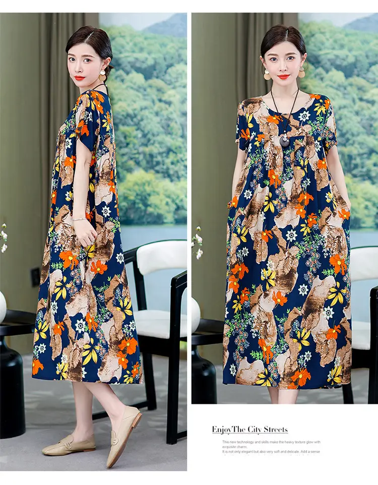 2023 New High-End Floral Cotton Silk Dress Women Summer Elegant Mother Belly Cover Plus Size — feature 26