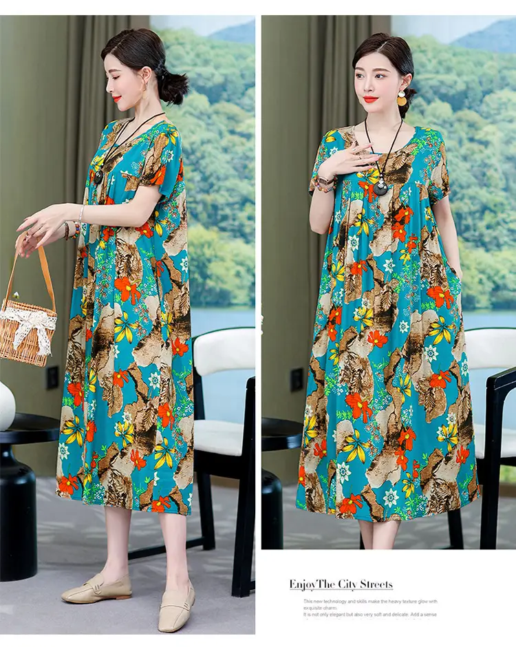 2023 New High-End Floral Cotton Silk Dress Women Summer Elegant Mother Belly Cover Plus Size — feature 27