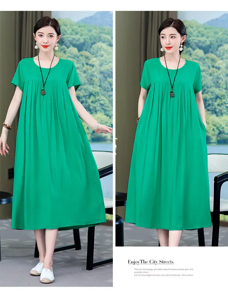 2023 New High-End Floral Cotton Silk Dress Women Summer Elegant Mother Belly Cover Plus Size — feature 28