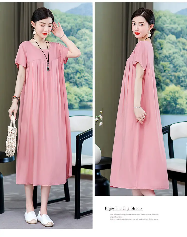 2023 New High-End Floral Cotton Silk Dress Women Summer Elegant Mother Belly Cover Plus Size — feature 29