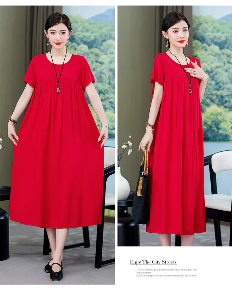 2023 New High-End Floral Cotton Silk Dress Women Summer Elegant Mother Belly Cover Plus Size — feature 32