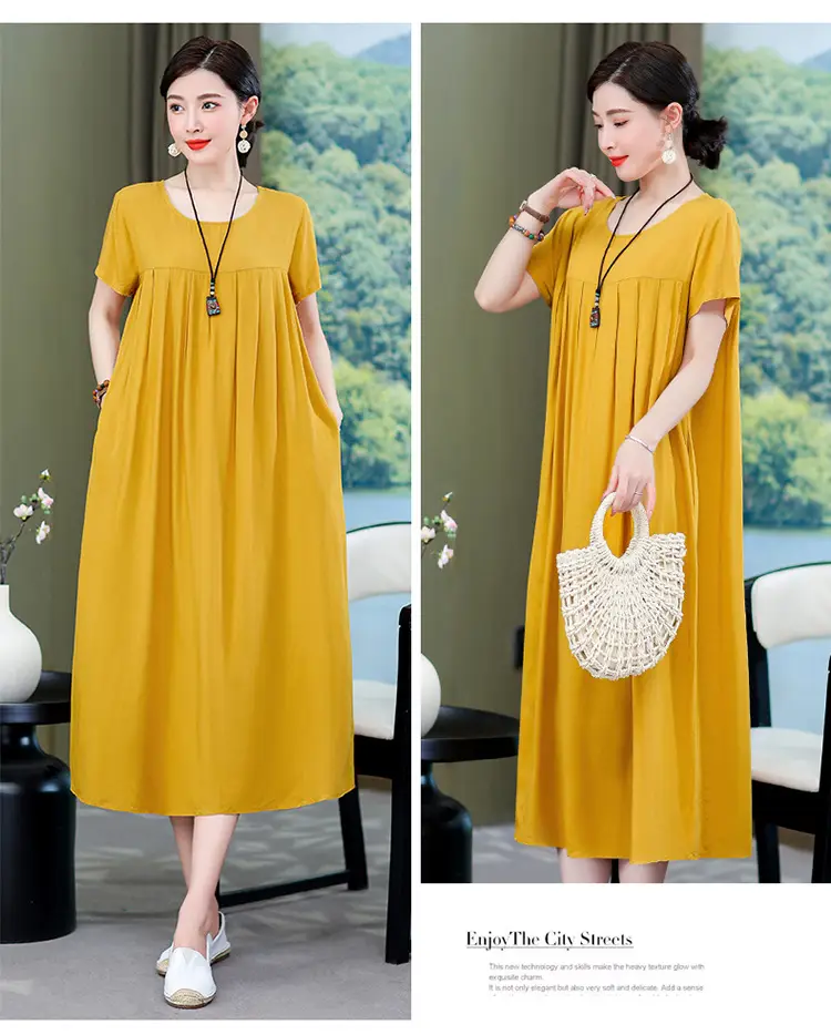 2023 New High-End Floral Cotton Silk Dress Women Summer Elegant Mother Belly Cover Plus Size — feature 34