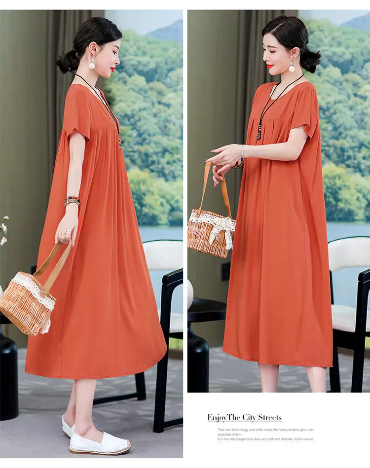 2023 New High-End Floral Cotton Silk Dress Women Summer Elegant Mother Belly Cover Plus Size — feature 36