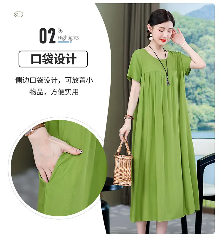 2023 New High-End Floral Cotton Silk Dress Women Summer Elegant Mother Belly Cover Plus Size — feature 7