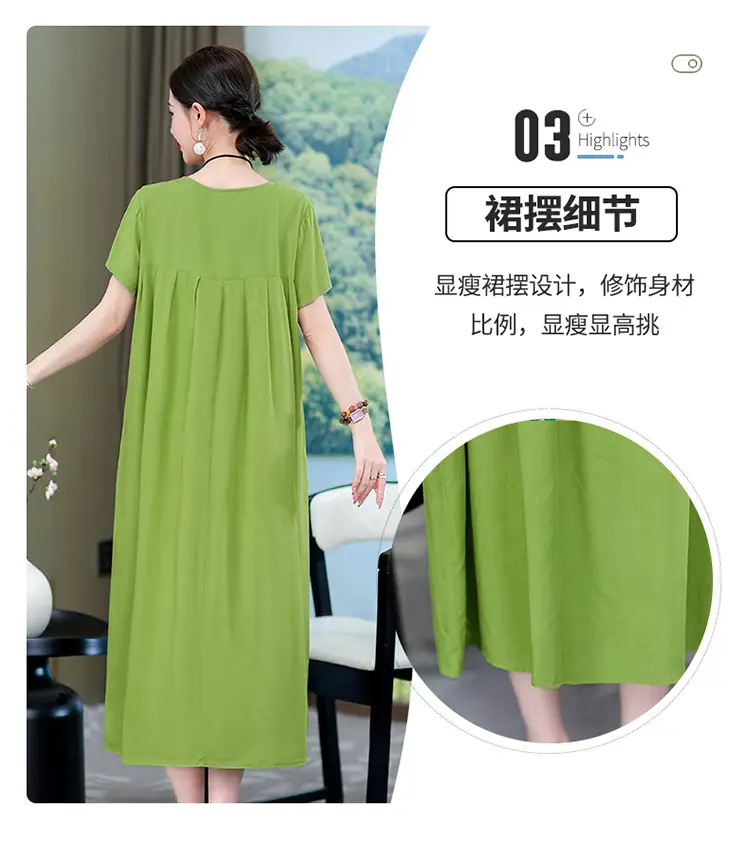 2023 New High-End Floral Cotton Silk Dress Women Summer Elegant Mother Belly Cover Plus Size — feature 8