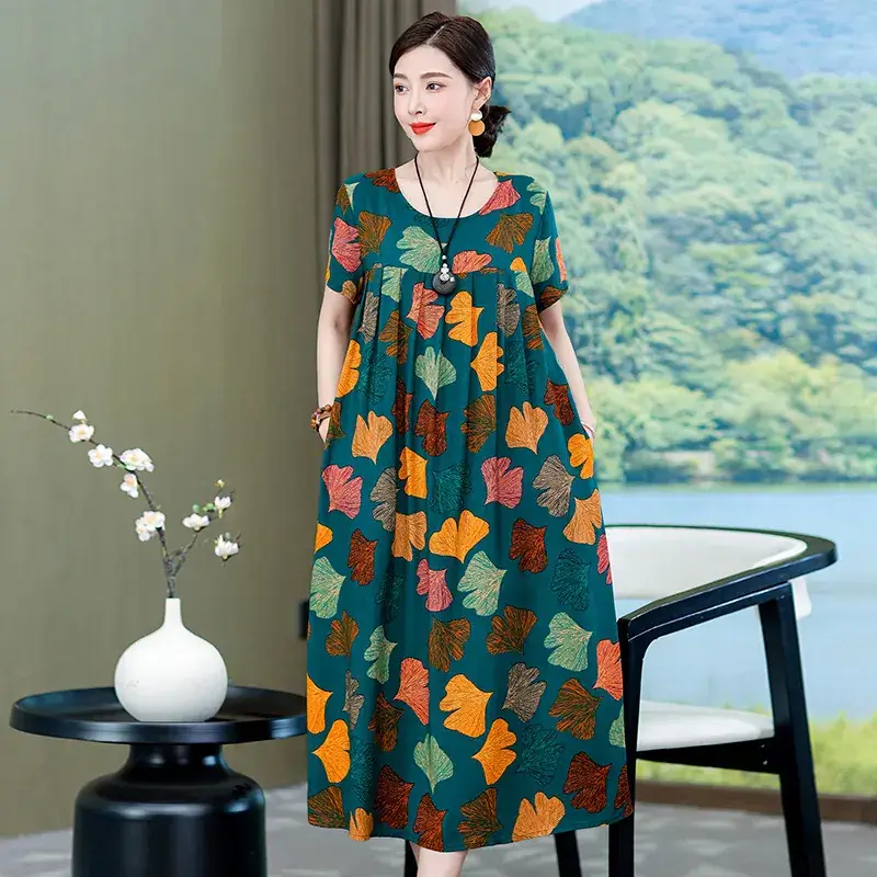 2023 New High-End Floral Cotton Silk Dress Women Summer Elegant Mother Belly Cover Plus Size - Image 10