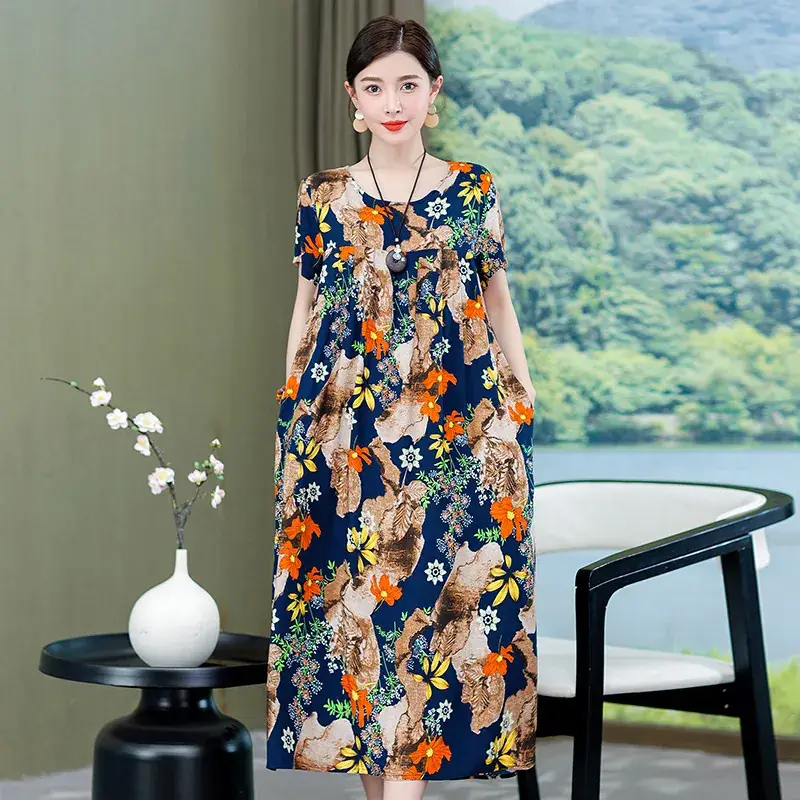 2023 New High-End Floral Cotton Silk Dress Women Summer Elegant Mother Belly Cover Plus Size - Image 11