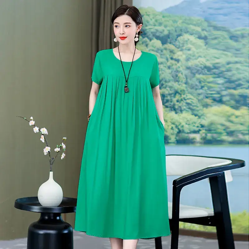 2023 New High-End Floral Cotton Silk Dress Women Summer Elegant Mother Belly Cover Plus Size - Image 12