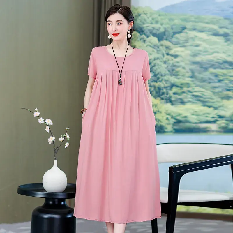 2023 New High-End Floral Cotton Silk Dress Women Summer Elegant Mother Belly Cover Plus Size - Image 13