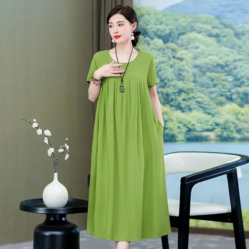 2023 New High-End Floral Cotton Silk Dress Women Summer Elegant Mother Belly Cover Plus Size - Image 14