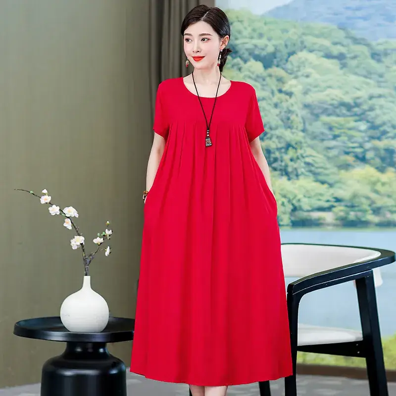 2023 New High-End Floral Cotton Silk Dress Women Summer Elegant Mother Belly Cover Plus Size - Image 16