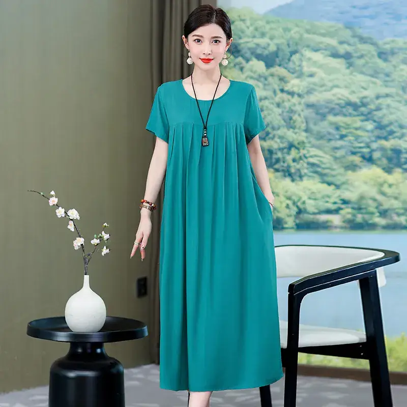 2023 New High-End Floral Cotton Silk Dress Women Summer Elegant Mother Belly Cover Plus Size - Image 17