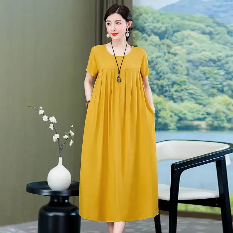 2023 New High-End Floral Cotton Silk Dress Women Summer Elegant Mother Belly Cover Plus Size - Image 18