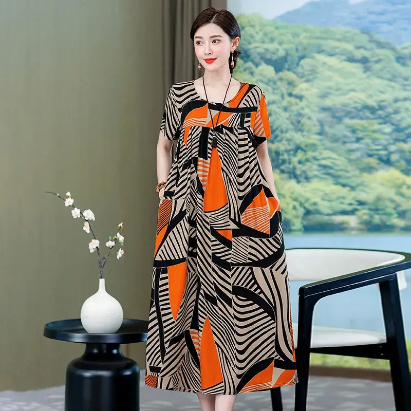 2023 New High-End Floral Cotton Silk Dress Women Summer Elegant Mother Belly Cover Plus Size - Image 2
