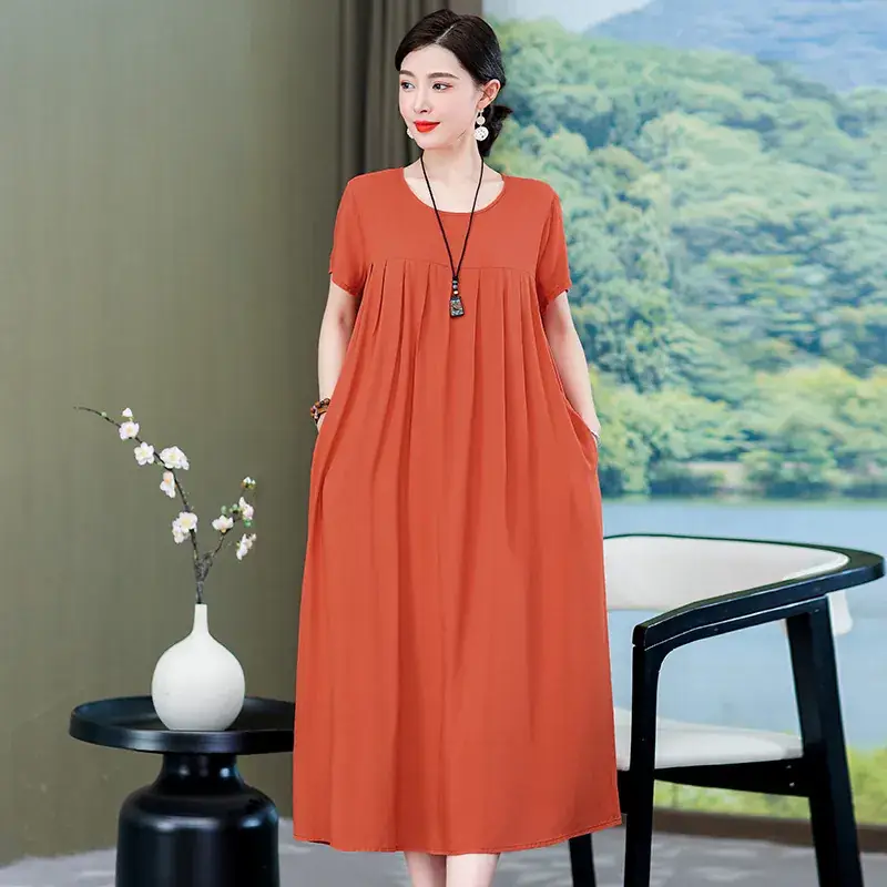 2023 New High-End Floral Cotton Silk Dress Women Summer Elegant Mother Belly Cover Plus Size - Image 20