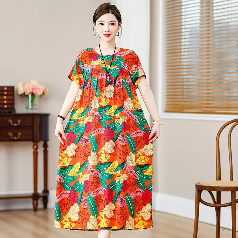 2023 New High-End Floral Cotton Silk Dress Women Summer Elegant Mother Belly Cover Plus Size - Image 21