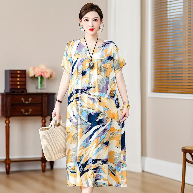 2023 New High-End Floral Cotton Silk Dress Women Summer Elegant Mother Belly Cover Plus Size - Image 22
