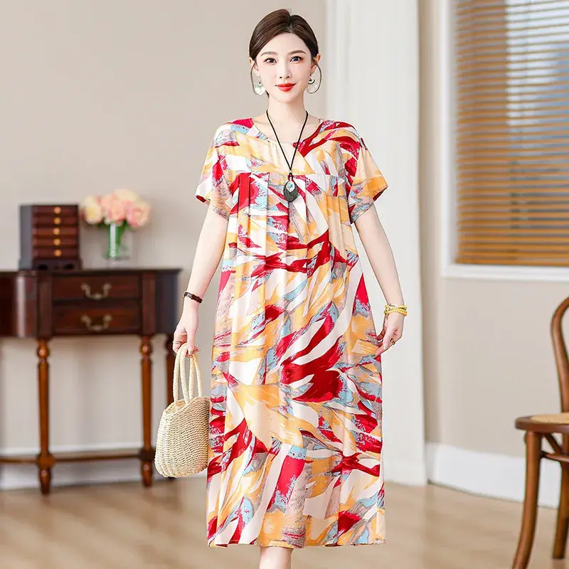 2023 New High-End Floral Cotton Silk Dress Women Summer Elegant Mother Belly Cover Plus Size - Image 23