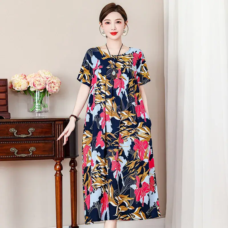 2023 New High-End Floral Cotton Silk Dress Women Summer Elegant Mother Belly Cover Plus Size - Image 24