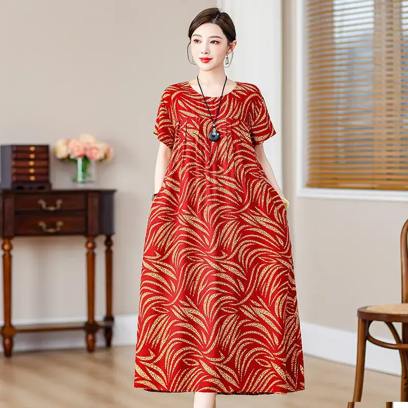 2023 New High-End Floral Cotton Silk Dress Women Summer Elegant Mother Belly Cover Plus Size - Image 25