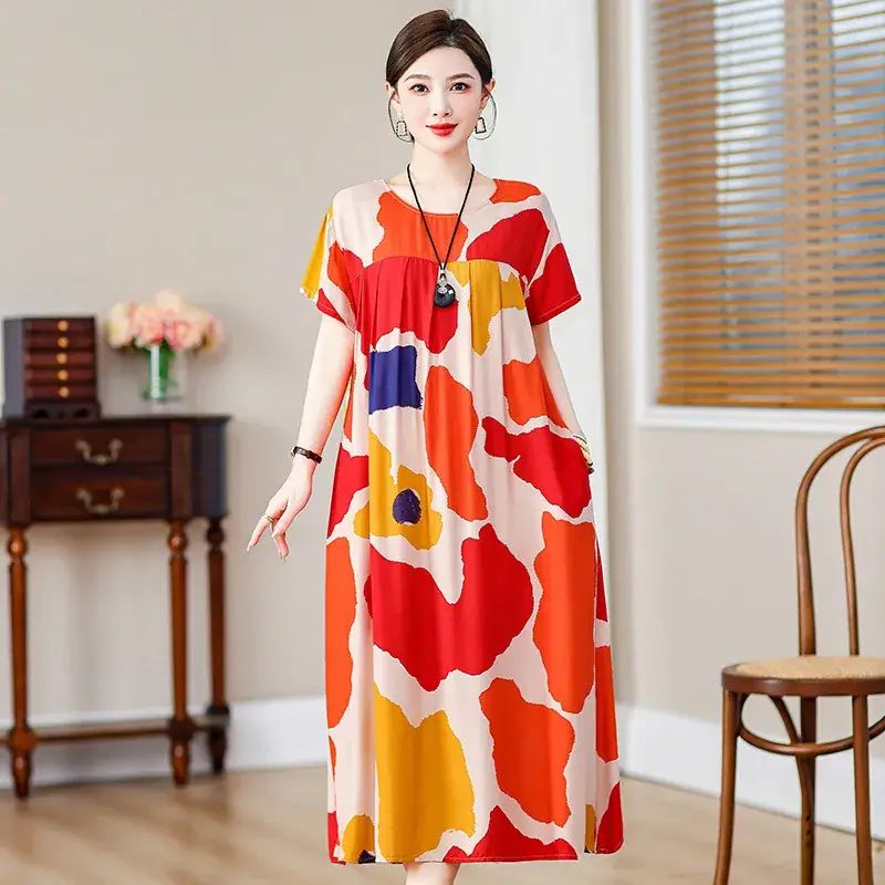 2023 New High-End Floral Cotton Silk Dress Women Summer Elegant Mother Belly Cover Plus Size - Image 27