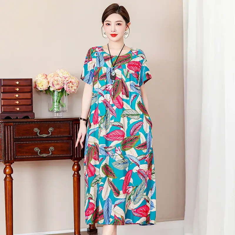 2023 New High-End Floral Cotton Silk Dress Women Summer Elegant Mother Belly Cover Plus Size - Image 28
