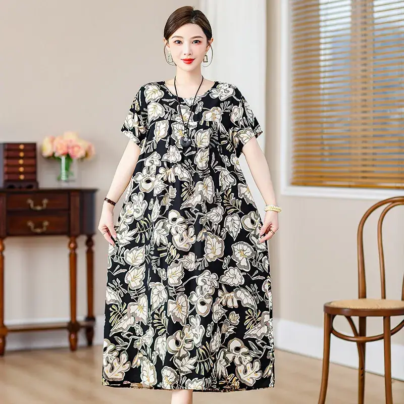 2023 New High-End Floral Cotton Silk Dress Women Summer Elegant Mother Belly Cover Plus Size - Image 29