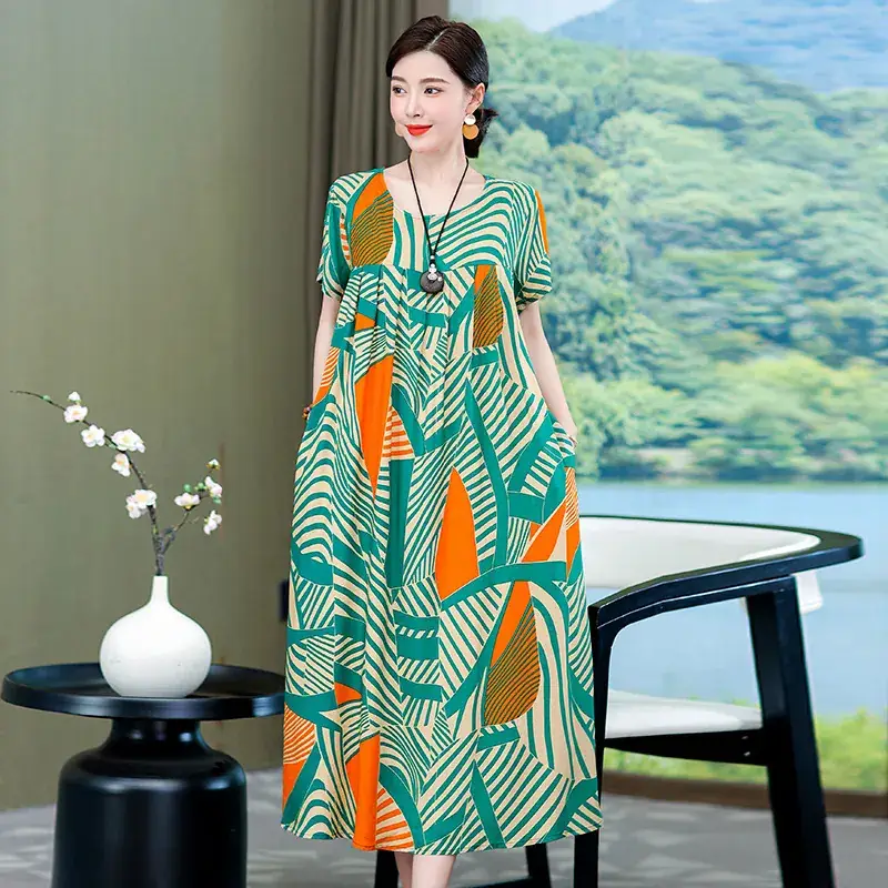 2023 New High-End Floral Cotton Silk Dress Women Summer Elegant Mother Belly Cover Plus Size - Image 3