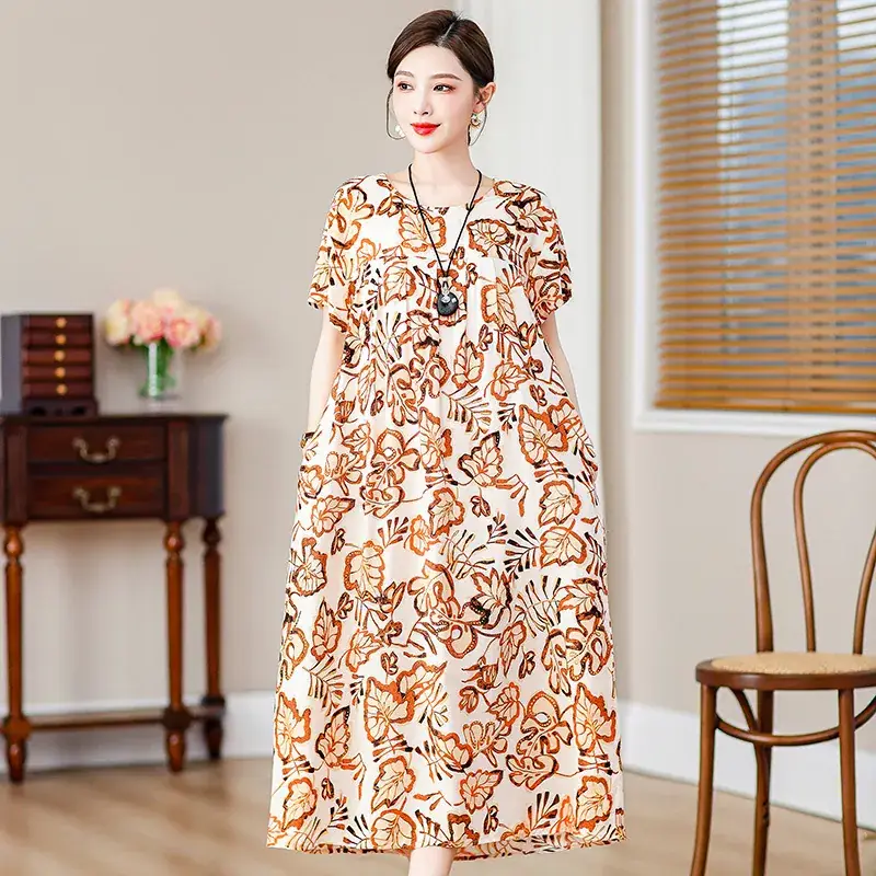 2023 New High-End Floral Cotton Silk Dress Women Summer Elegant Mother Belly Cover Plus Size - Image 30