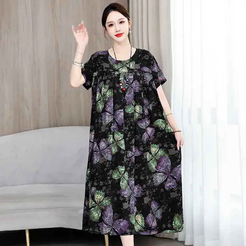 2023 New High-End Floral Cotton Silk Dress Women Summer Elegant Mother Belly Cover Plus Size - Image 31