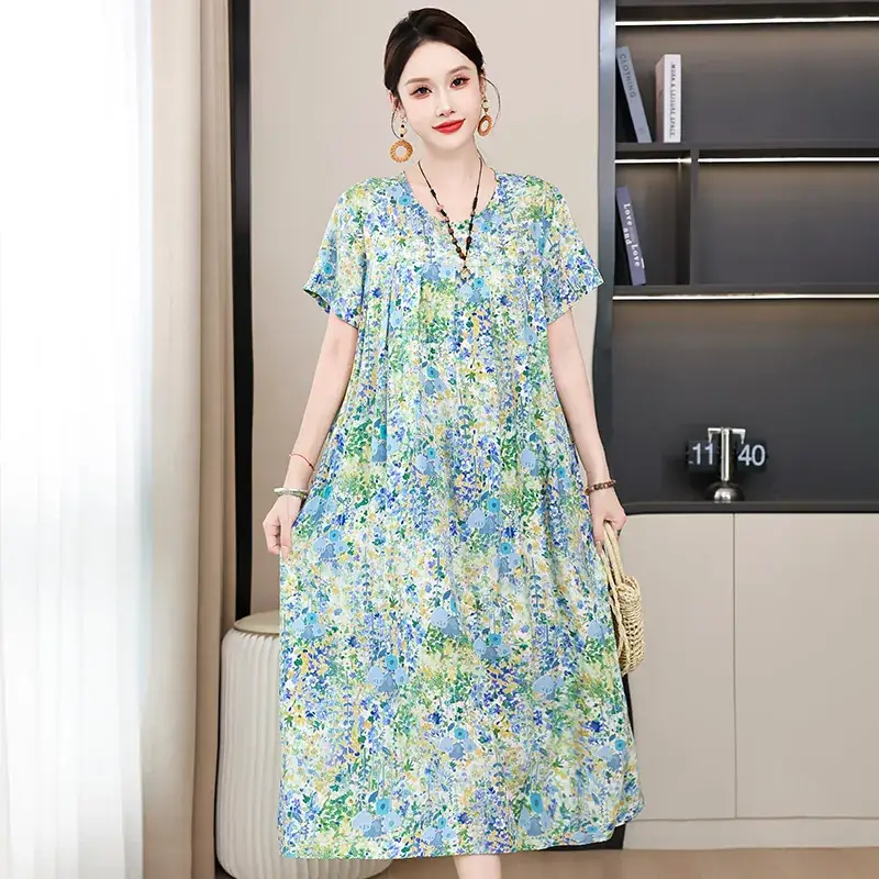2023 New High-End Floral Cotton Silk Dress Women Summer Elegant Mother Belly Cover Plus Size - Image 32