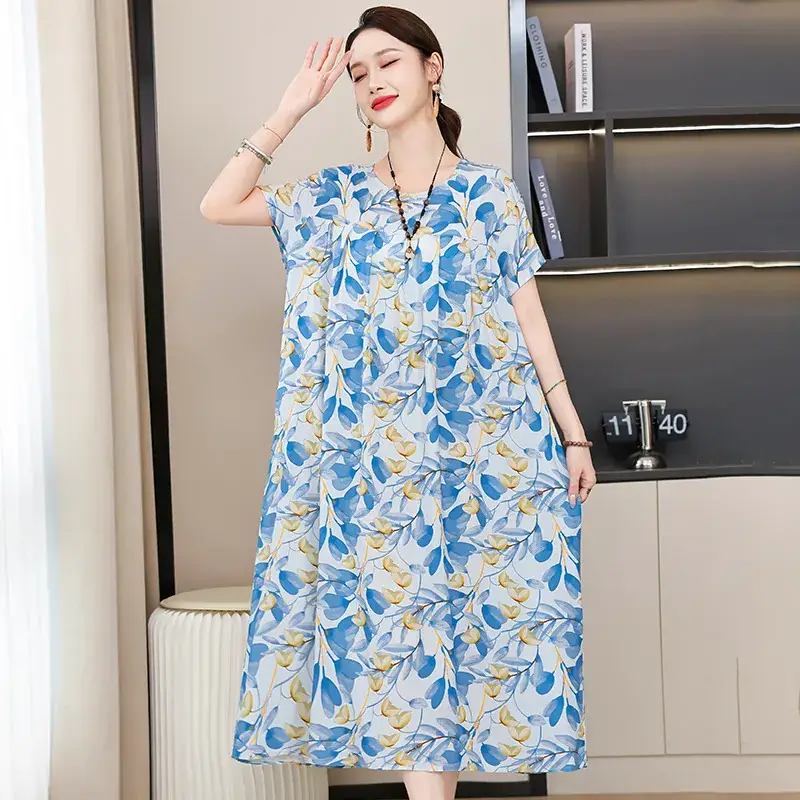 2023 New High-End Floral Cotton Silk Dress Women Summer Elegant Mother Belly Cover Plus Size - Image 34