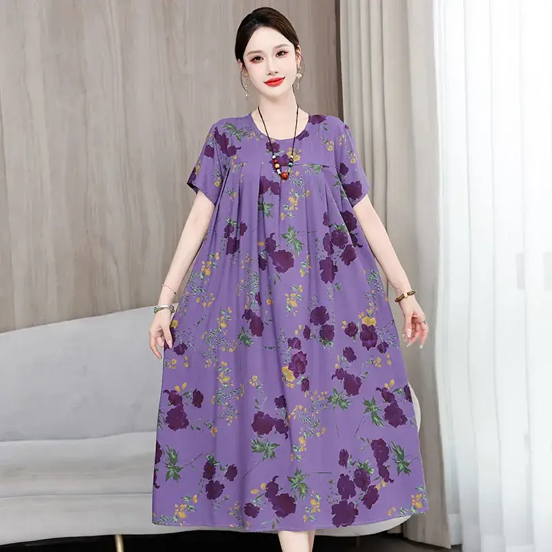2023 New High-End Floral Cotton Silk Dress Women Summer Elegant Mother Belly Cover Plus Size - Image 35