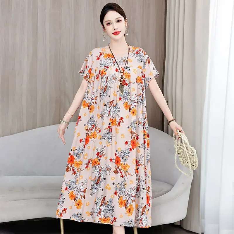 2023 New High-End Floral Cotton Silk Dress Women Summer Elegant Mother Belly Cover Plus Size - Image 36