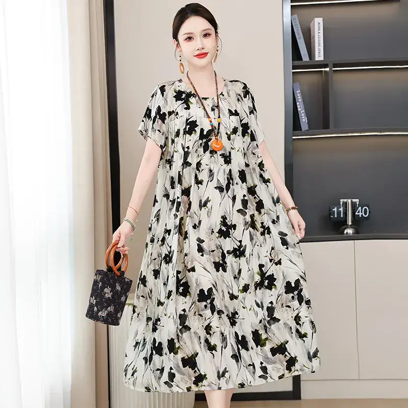 2023 New High-End Floral Cotton Silk Dress Women Summer Elegant Mother Belly Cover Plus Size - Image 37