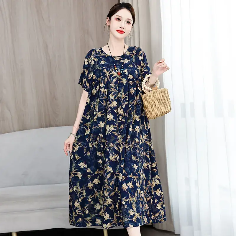 2023 New High-End Floral Cotton Silk Dress Women Summer Elegant Mother Belly Cover Plus Size - Image 38