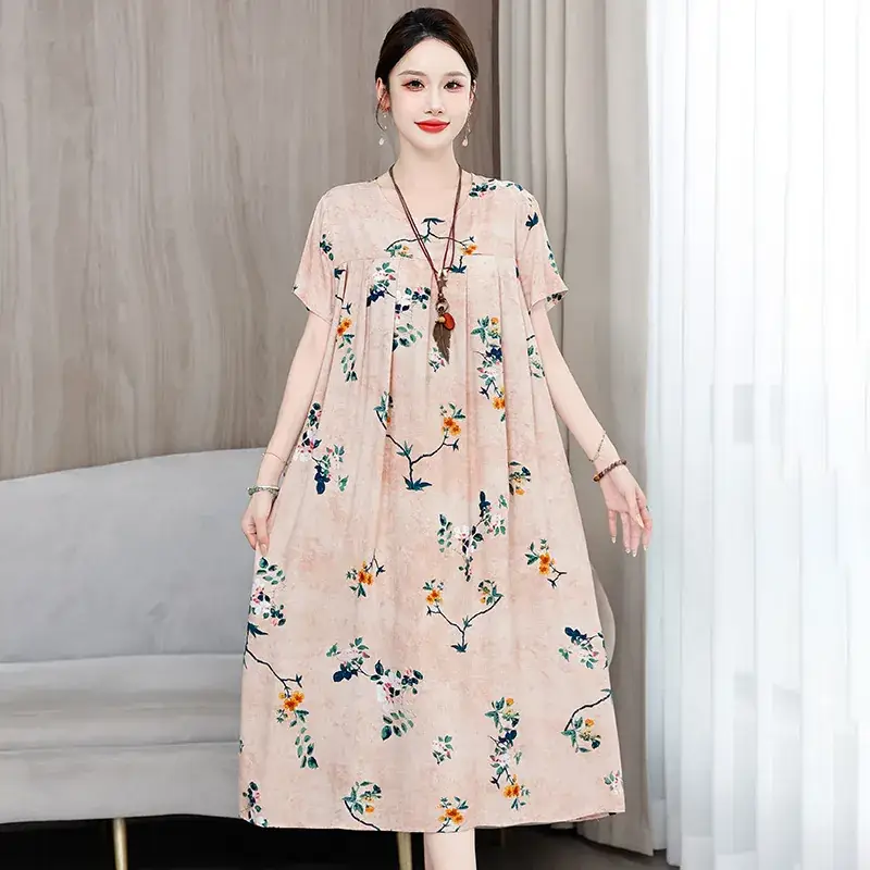 2023 New High-End Floral Cotton Silk Dress Women Summer Elegant Mother Belly Cover Plus Size - Image 39