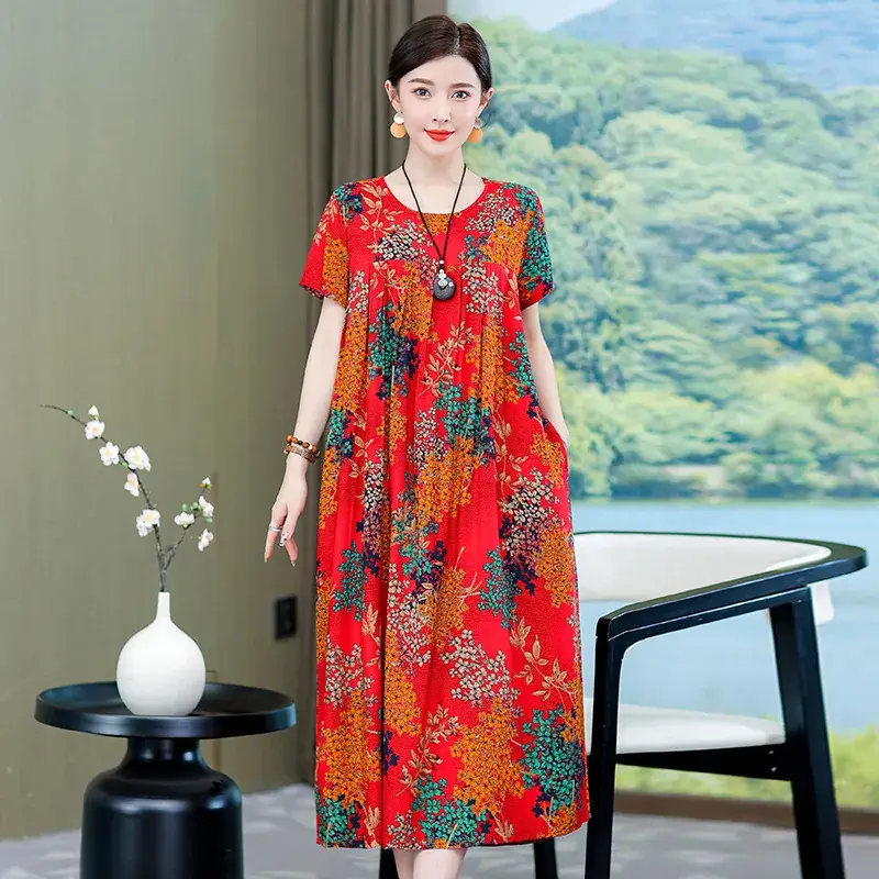 2023 New High-End Floral Cotton Silk Dress Women Summer Elegant Mother Belly Cover Plus Size - Image 4