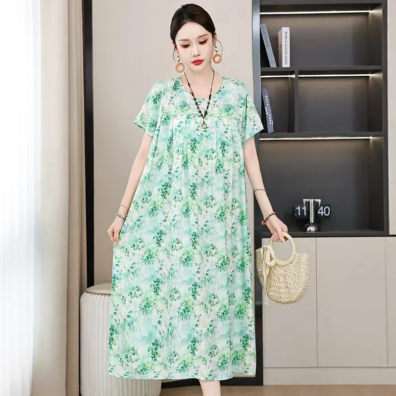 2023 New High-End Floral Cotton Silk Dress Women Summer Elegant Mother Belly Cover Plus Size - Image 40