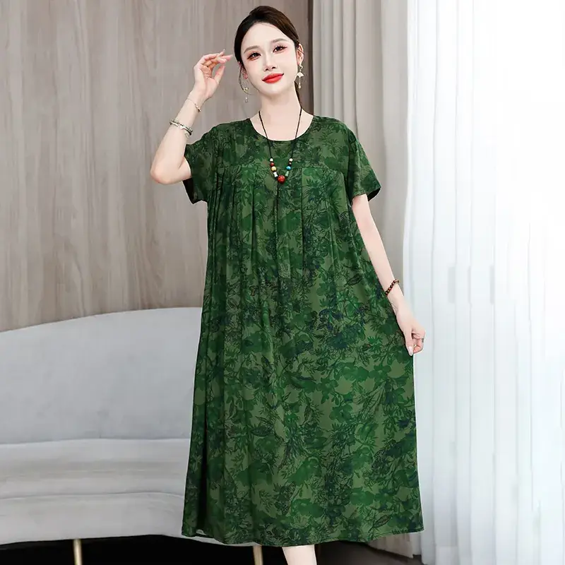 2023 New High-End Floral Cotton Silk Dress Women Summer Elegant Mother Belly Cover Plus Size - Image 41