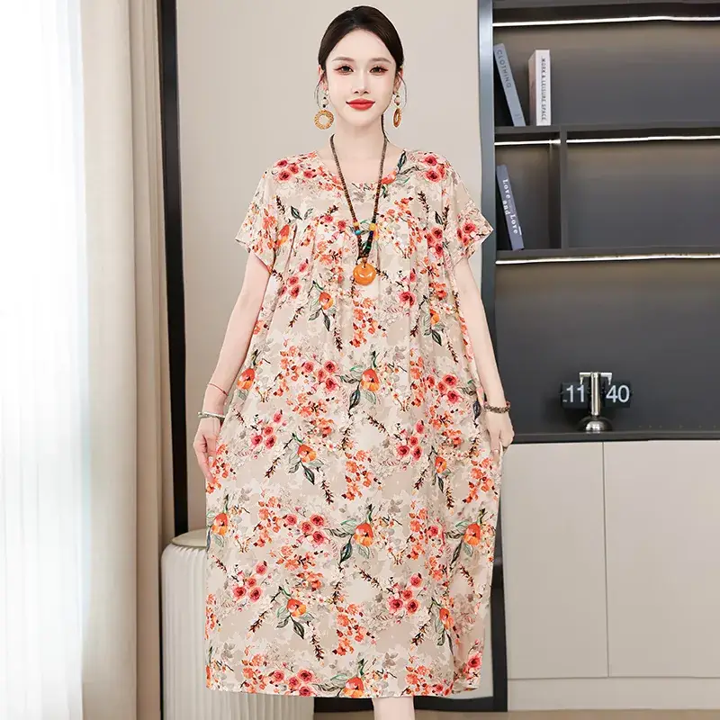 2023 New High-End Floral Cotton Silk Dress Women Summer Elegant Mother Belly Cover Plus Size - Image 42