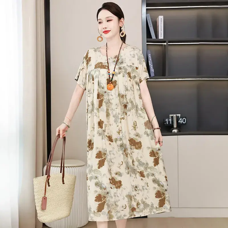 2023 New High-End Floral Cotton Silk Dress Women Summer Elegant Mother Belly Cover Plus Size - Image 43