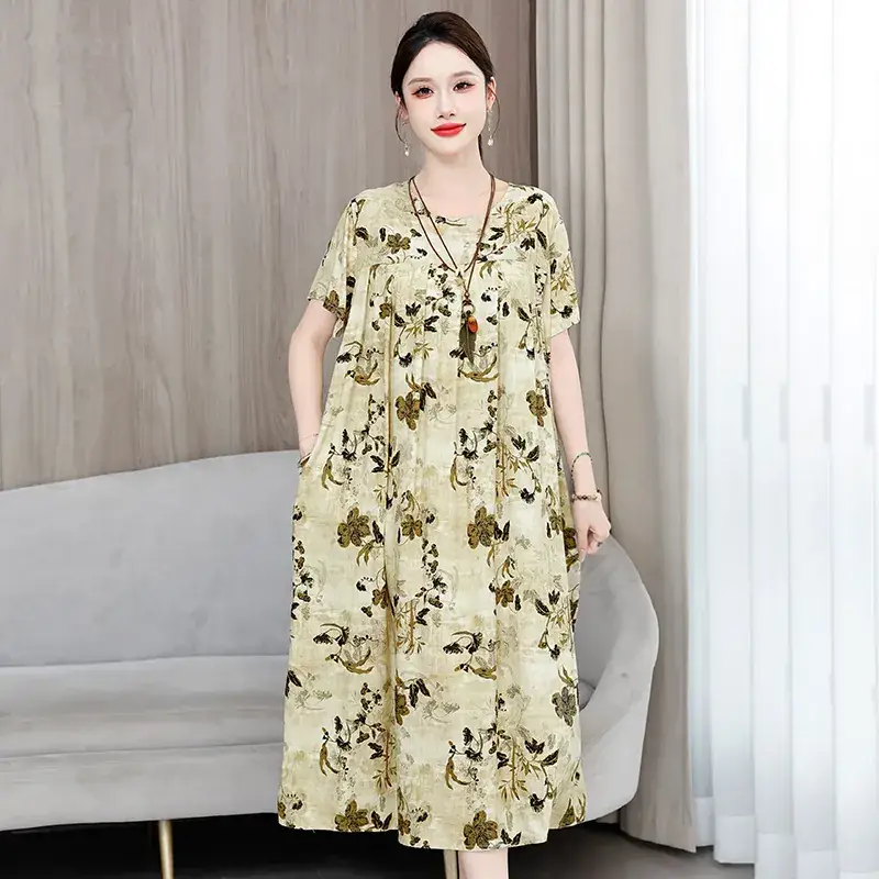 2023 New High-End Floral Cotton Silk Dress Women Summer Elegant Mother Belly Cover Plus Size - Image 44